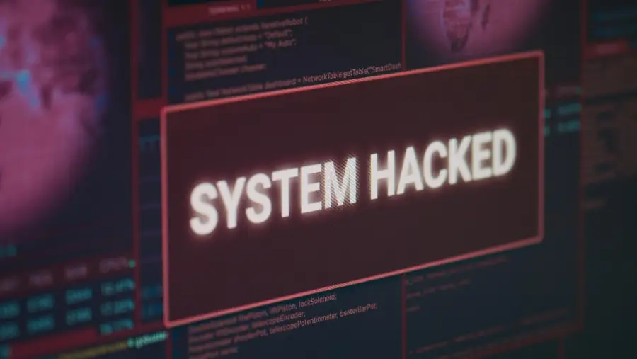 Pantalla con el mensaje 'System Hacked' sobre código